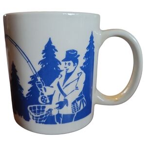 Vtg 1994 MAM Mug Cup Coffee Tea Man Fishing Net Pine Trees